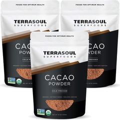 Terrasoul Superfoods empaque frontal del cacao en polvo, calidad orgánica evidente
