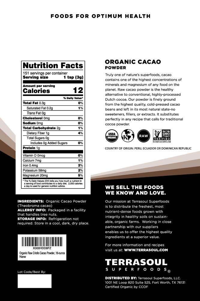 Terrasoul Superfoods detalle de la textura del cacao en polvo, aporta sabor intenso