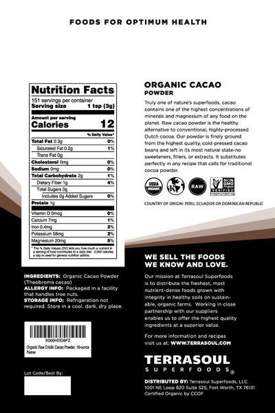 Terrasoul Superfoods polvo de cacao crudo textura fina, ideal para mezclar sin grumos