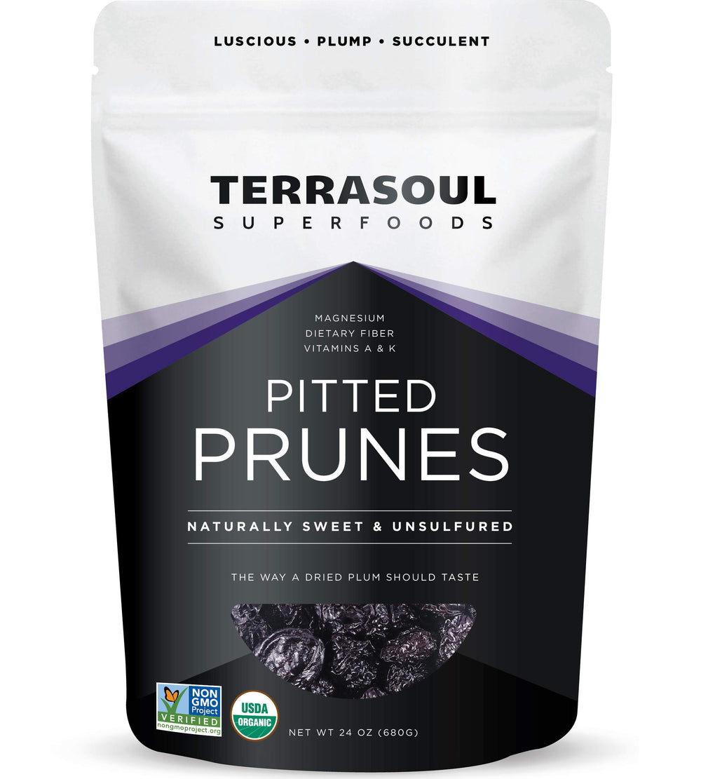 Terrasoul Superfoods paquete frontal de ciruelas secas sin hueso mostrando presentación y tamaño