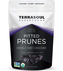 Terrasoul Superfoods paquete frontal de ciruelas secas sin hueso mostrando presentación y tamaño