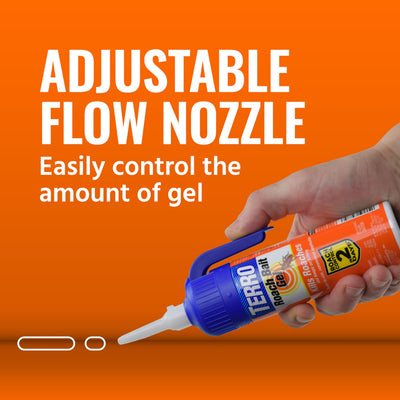 TERRO syringe close-up of adjustable nozzle for precise, no-waste application benefit