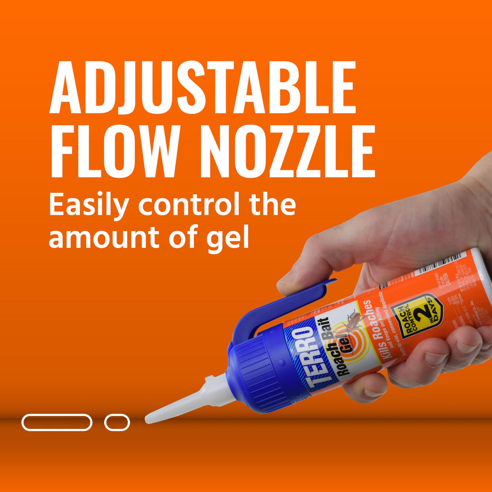 TERRO syringe close-up of adjustable nozzle for precise, no-waste application benefit