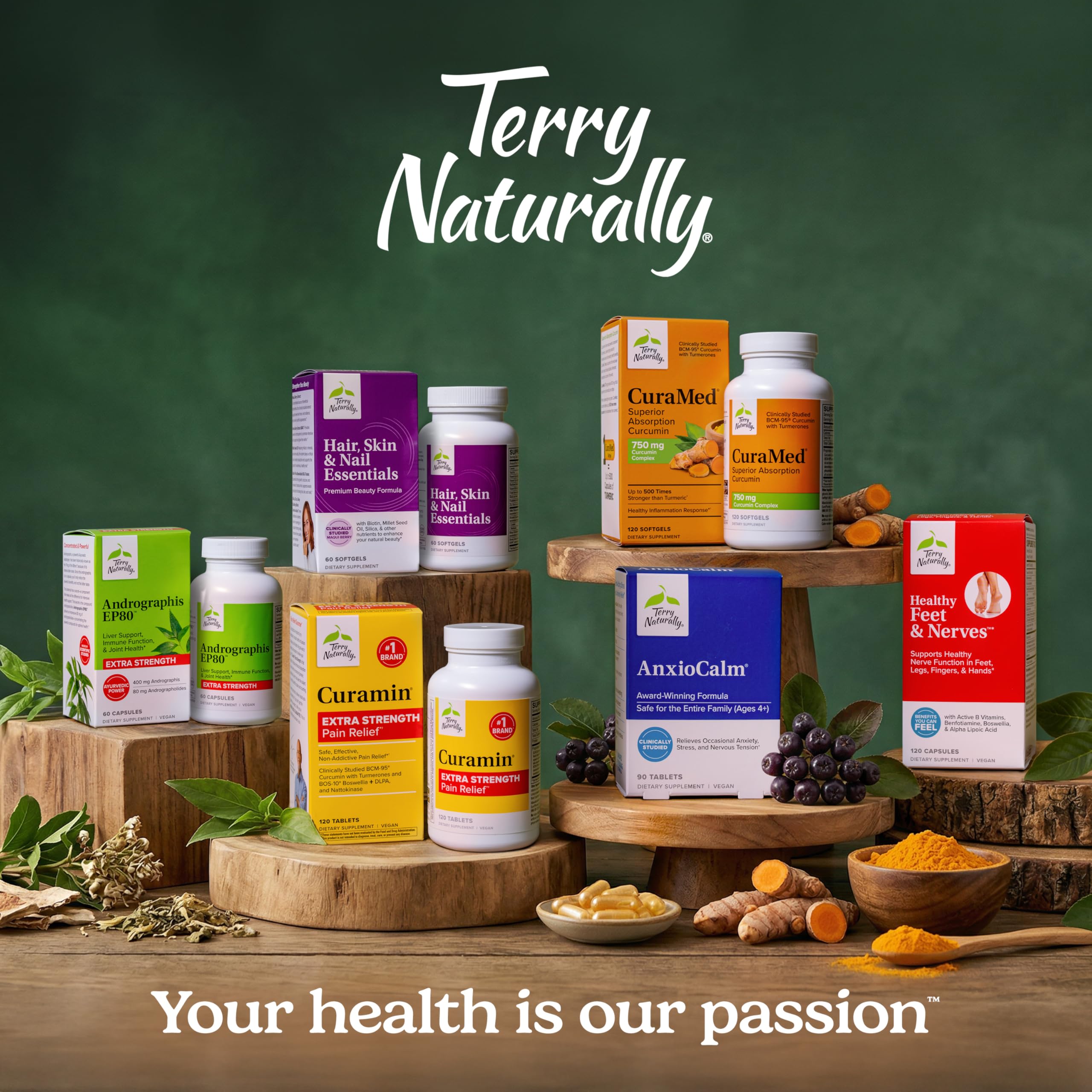 Terry Naturally producto en mesa junto a alimentos saludables representando estilo de vida