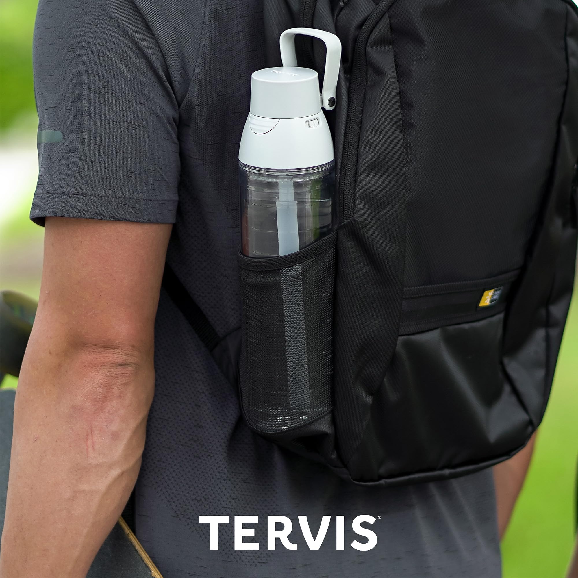 Tervis lifestyle shot of cyclist using bottle showing convenient one-handed use