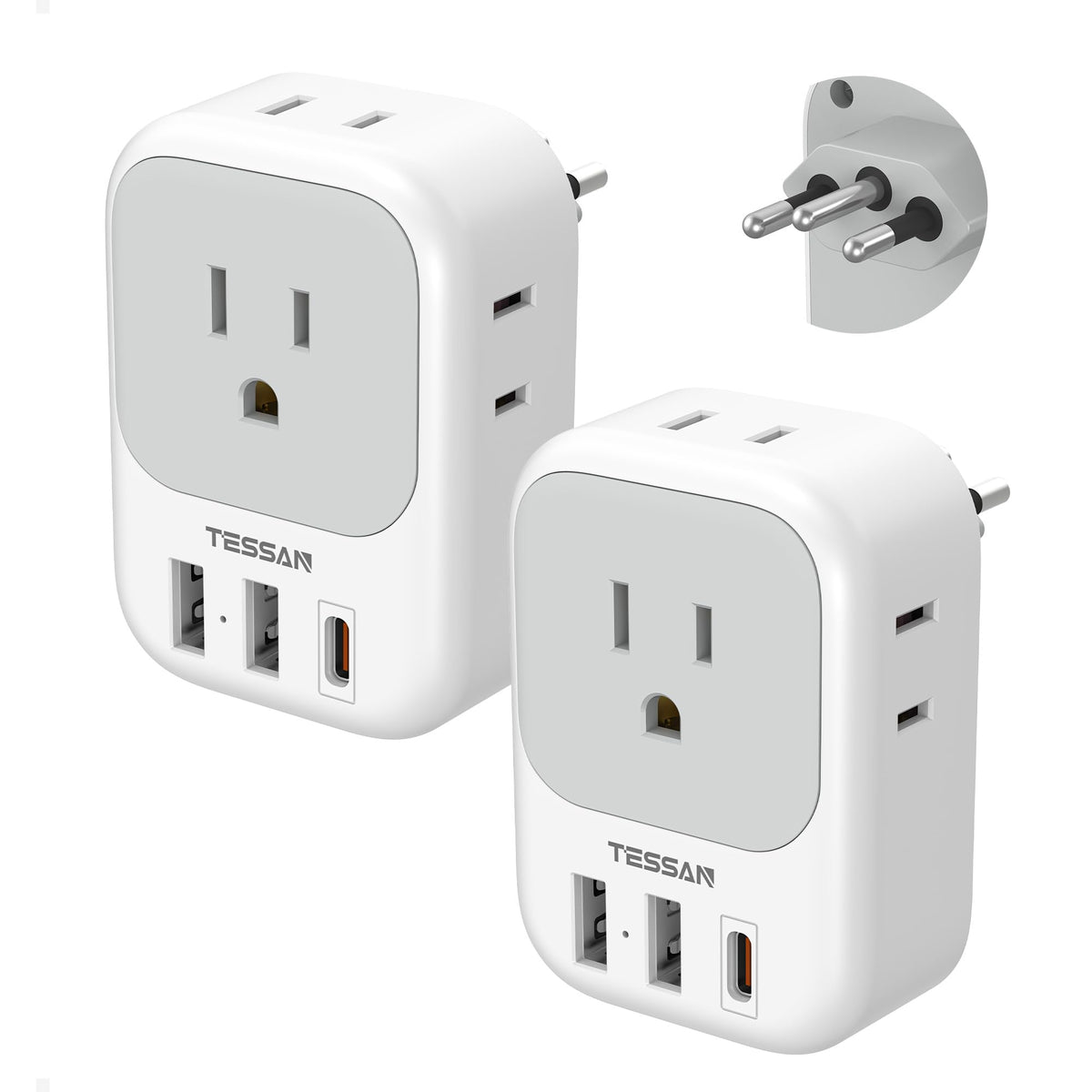 TESSAN adaptador Brasil vista frontal con cuatro salidas AC y puertos USB, ahorro de espacio