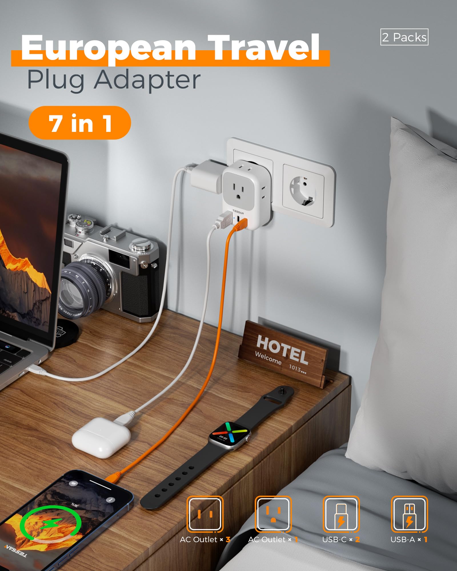TESSAN adaptador al lado de un teléfono para comparar tamaño y facilidad de transporte