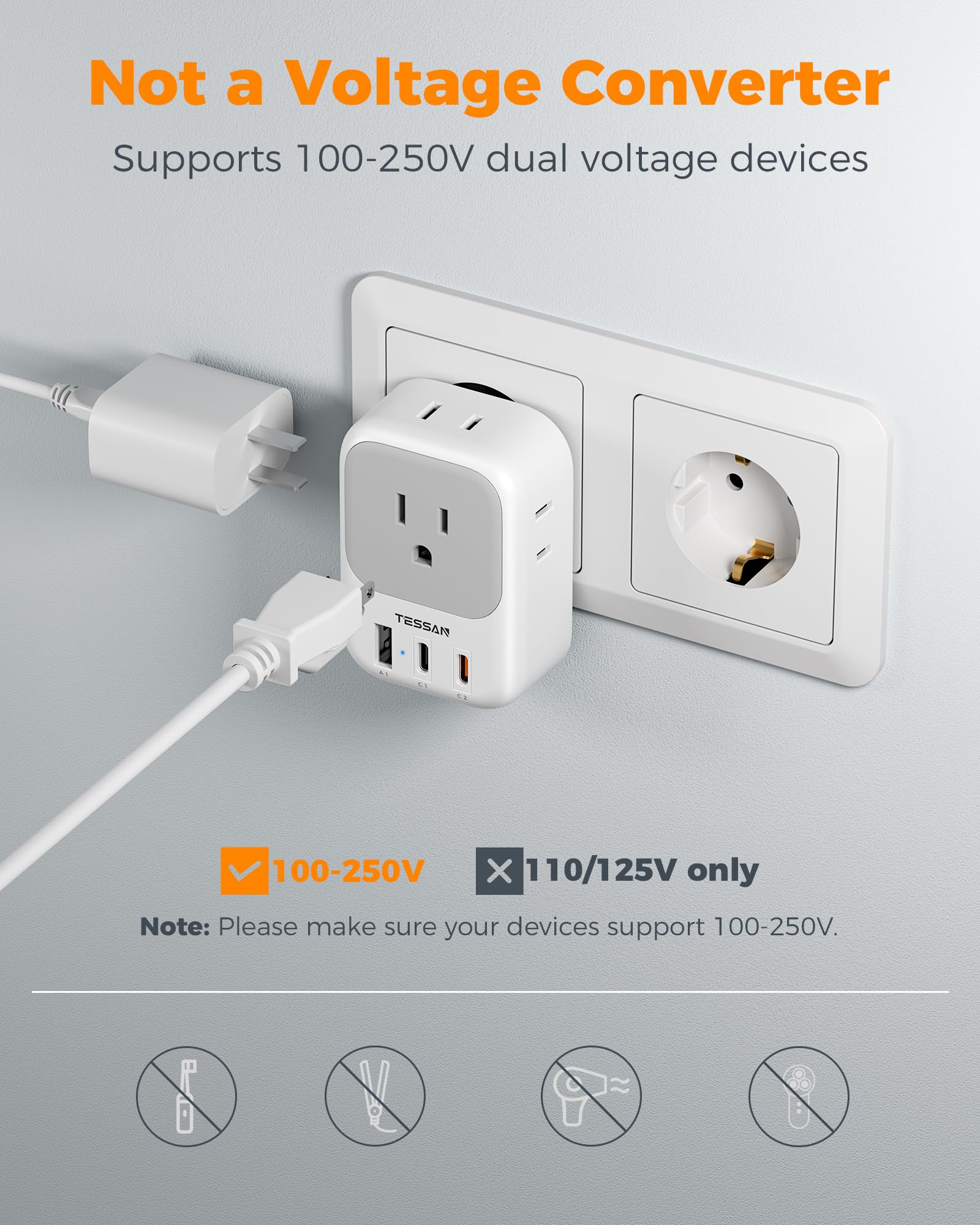 TESSAN detalle de puertos USB-C y USB-A con identificación clara de carga rápida
