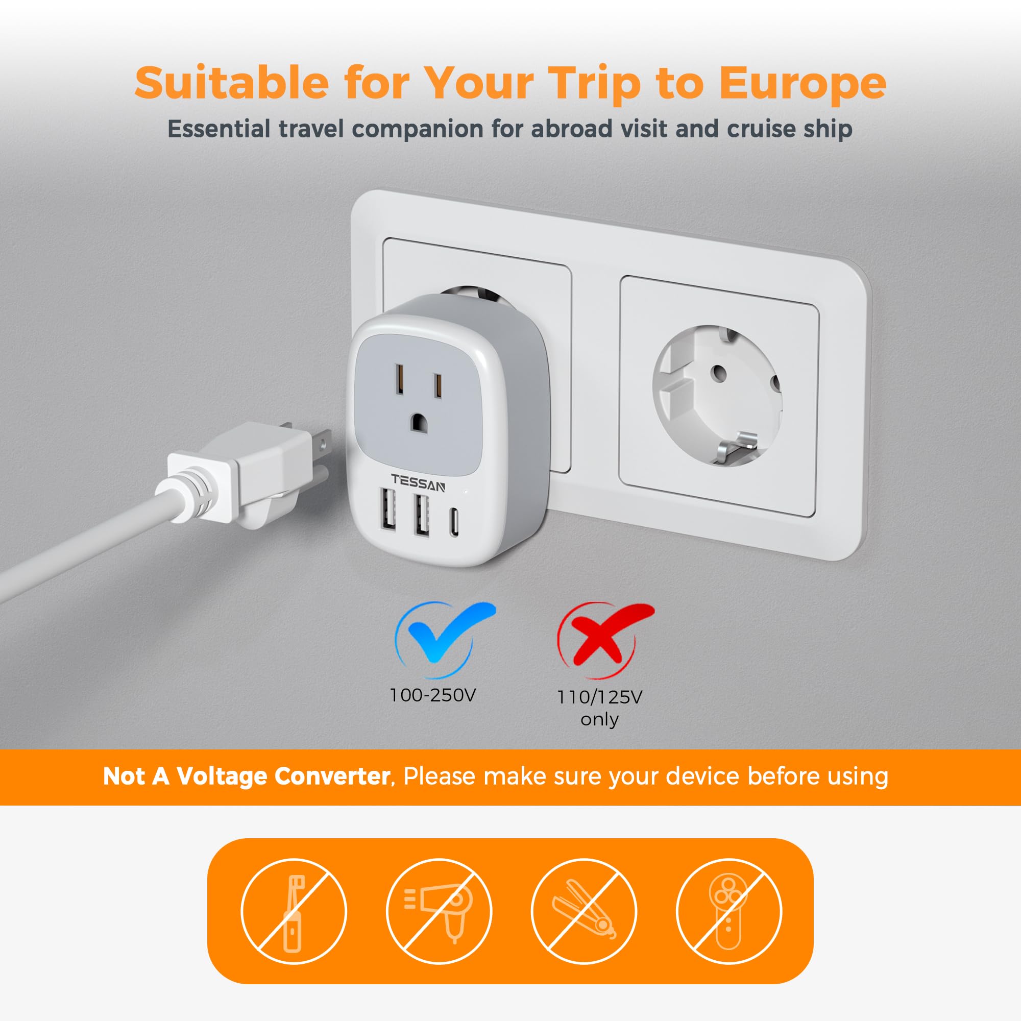 TESSAN etiqueta con información de voltaje indicando precaución y compatibilidad dual