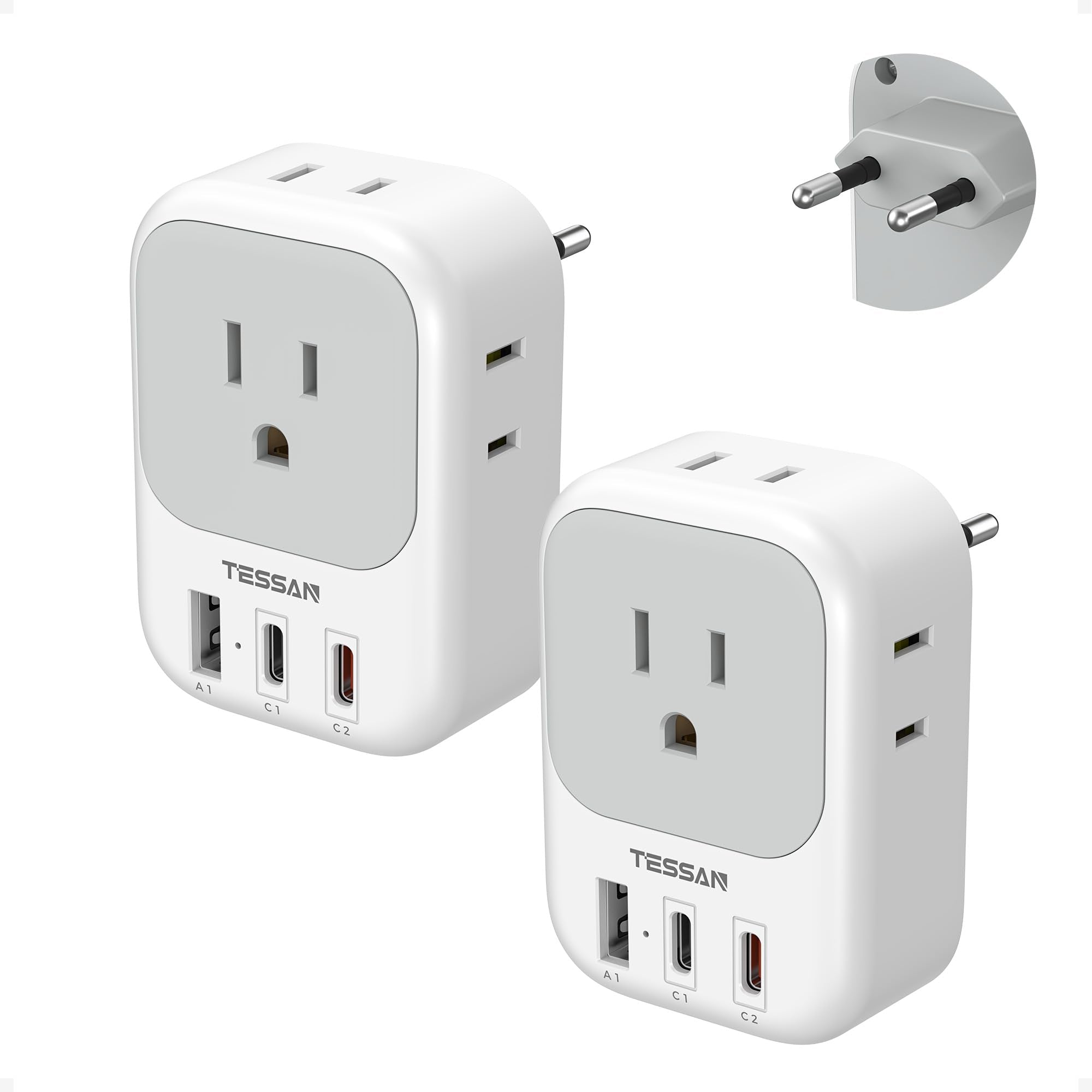 TESSAN adaptador frontal mostrando las salidas y puertos, práctico para viajar