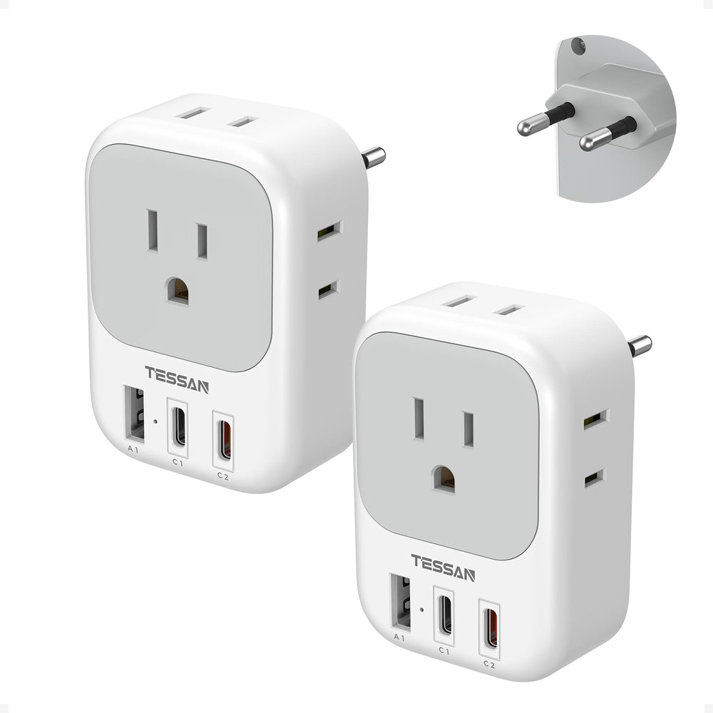 TESSAN adaptador frontal mostrando las salidas y puertos, práctico para viajar
