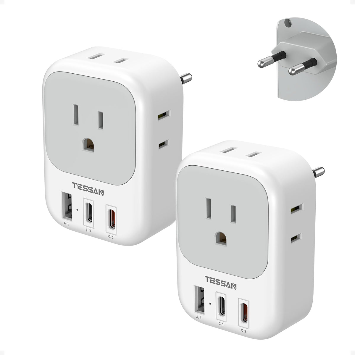 TESSAN adaptador frontal mostrando las salidas y puertos, práctico para viajar