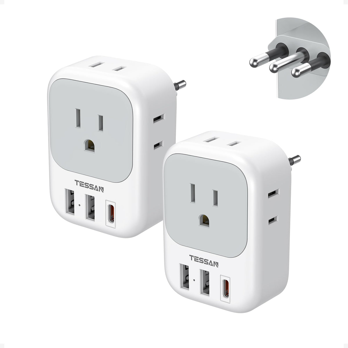 TESSAN adaptador frontal mostrando enchufes y puertos, solución multi carga
