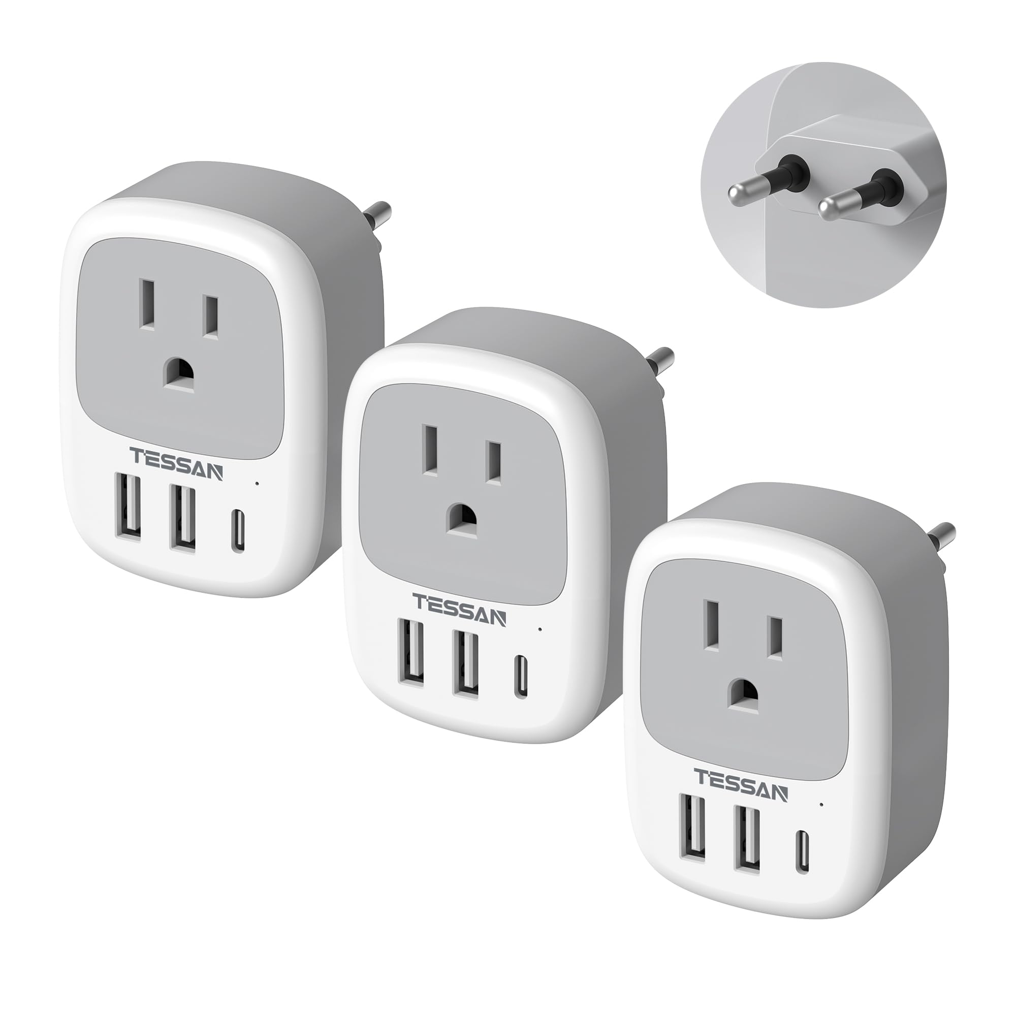 TESSAN adaptador frontal del pack de 3 mostrando toma y puertos USB, práctico para viajes