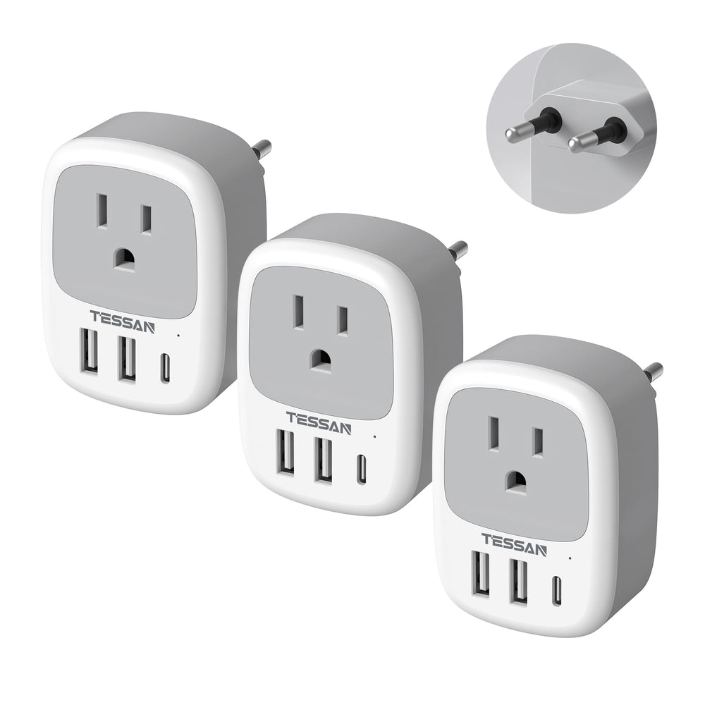 TESSAN adaptador frontal del pack de 3 mostrando toma y puertos USB, práctico para viajes