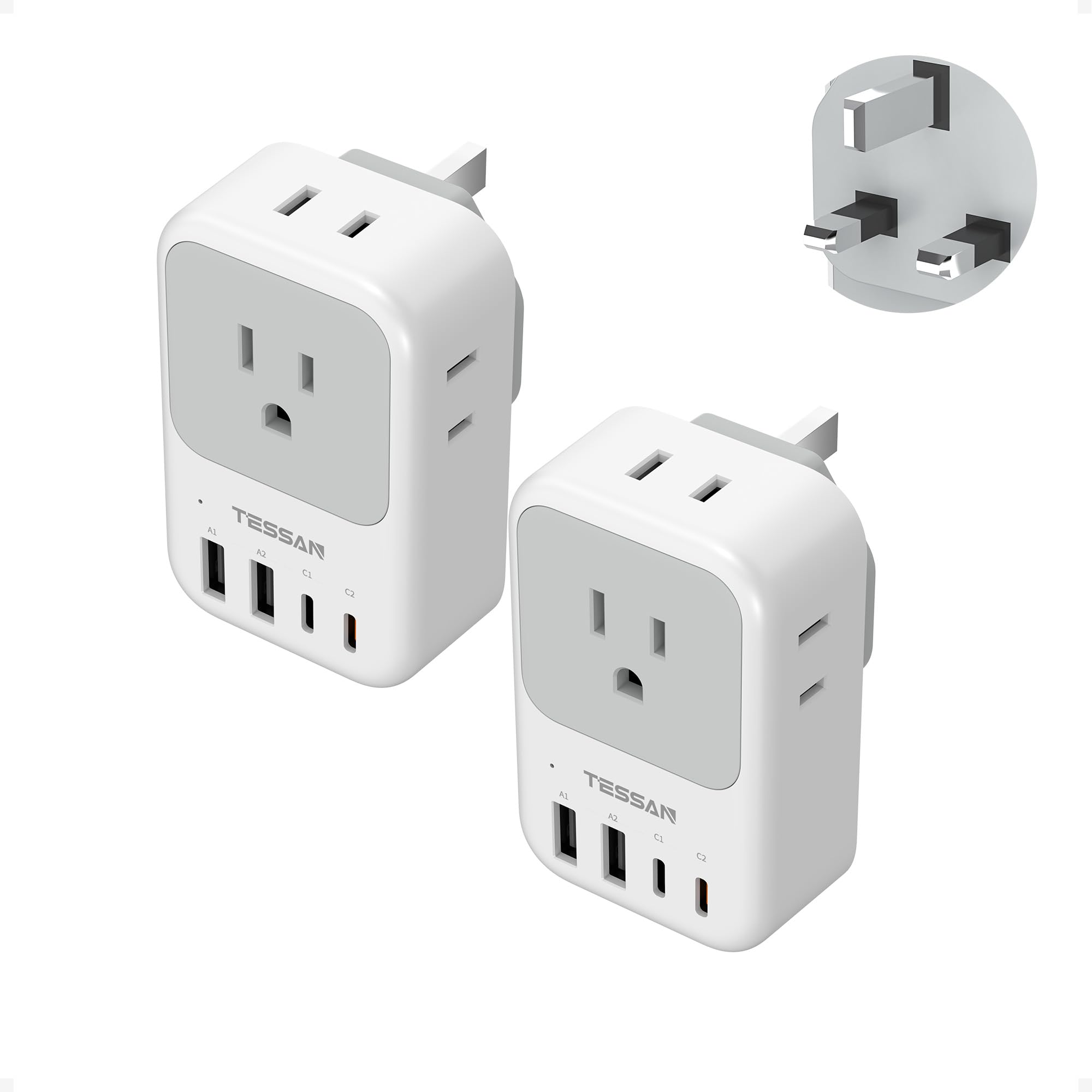 TESSAN adaptador G frontal mostrando enchufes y puertos para mayor versatilidad