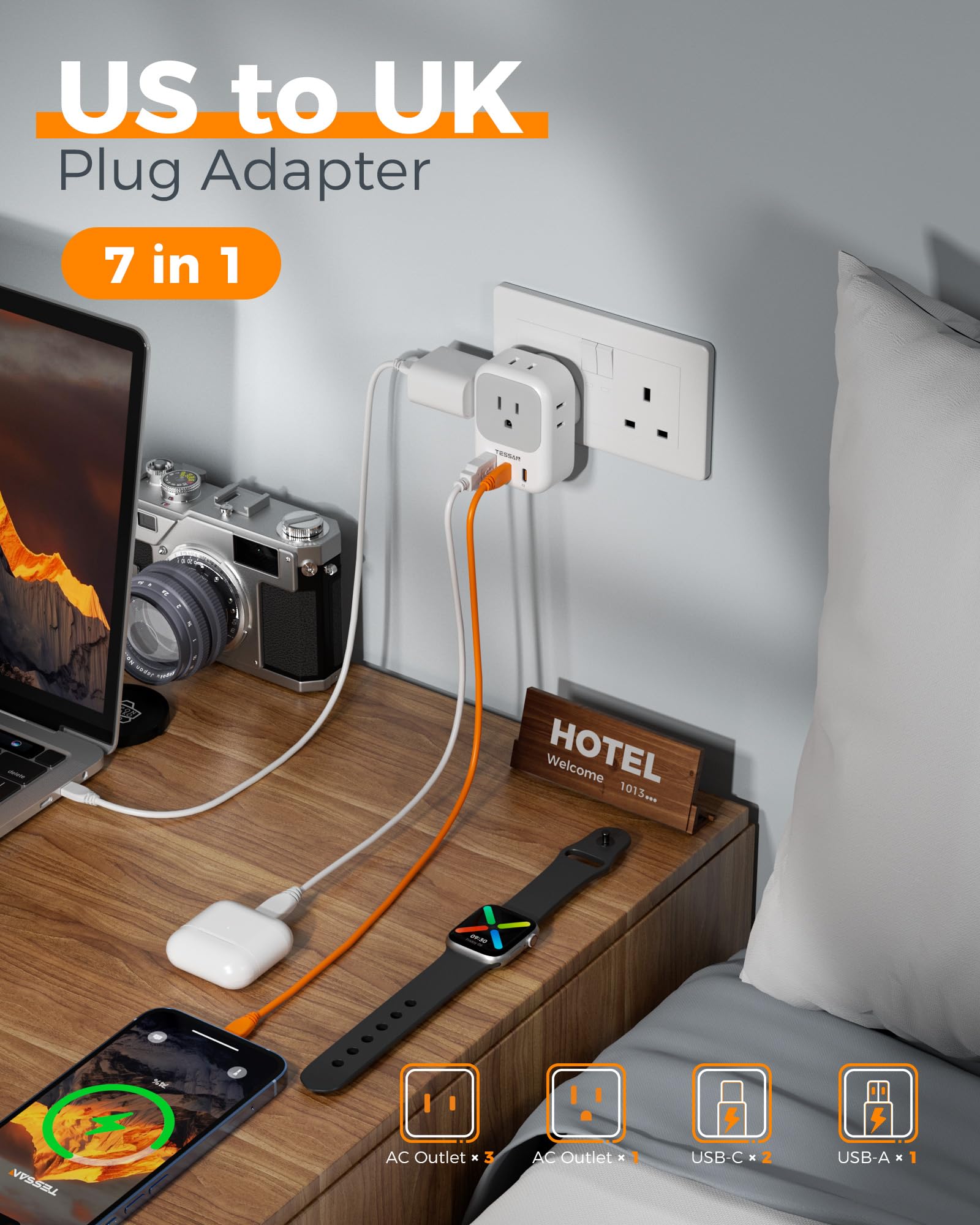 TESSAN en uso en habitación de hotel cargando teléfono y tablet simultáneamente