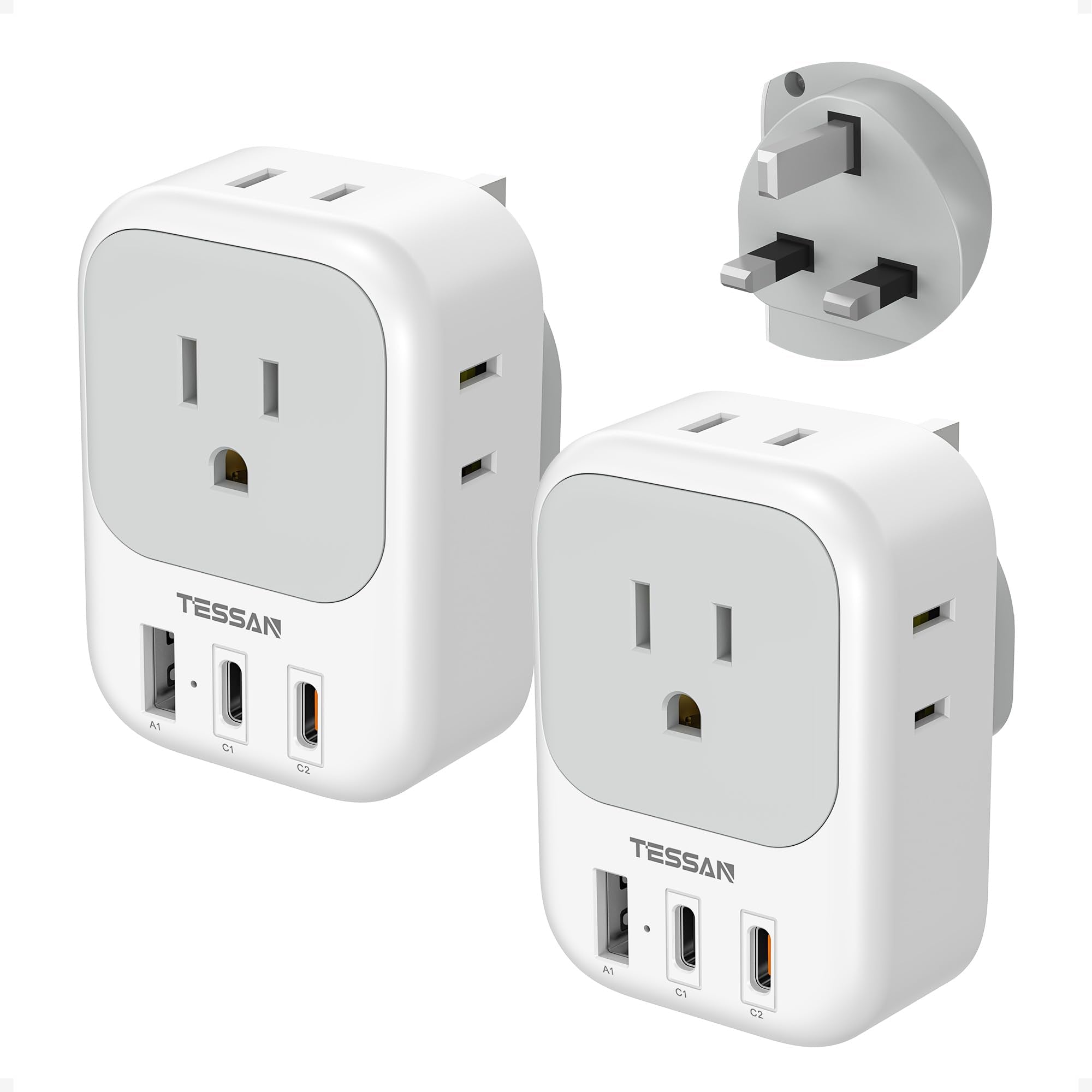 TESSAN adaptador frontal mostrando 4 salidas y 3 puertos, práctico para viajar