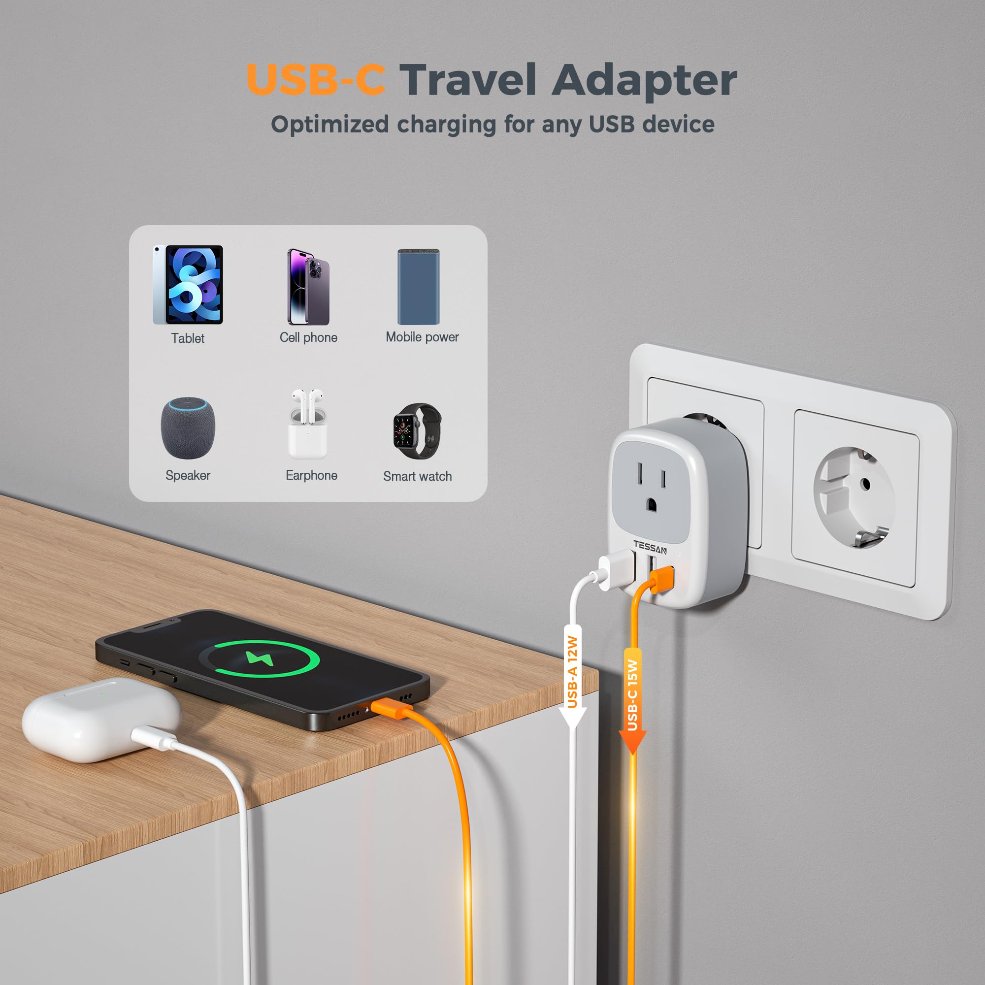 TESSAN adaptador enchufado en habitación de hotel demostrando carga fácil de dispositivos