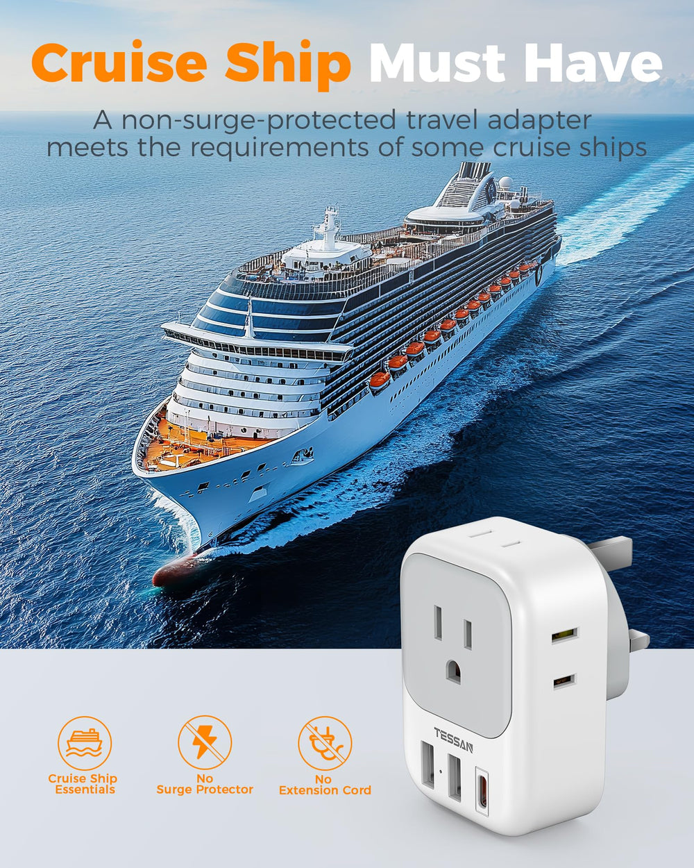TESSAN three-pack packaging displayed to illustrate multiple adapters for travelers
