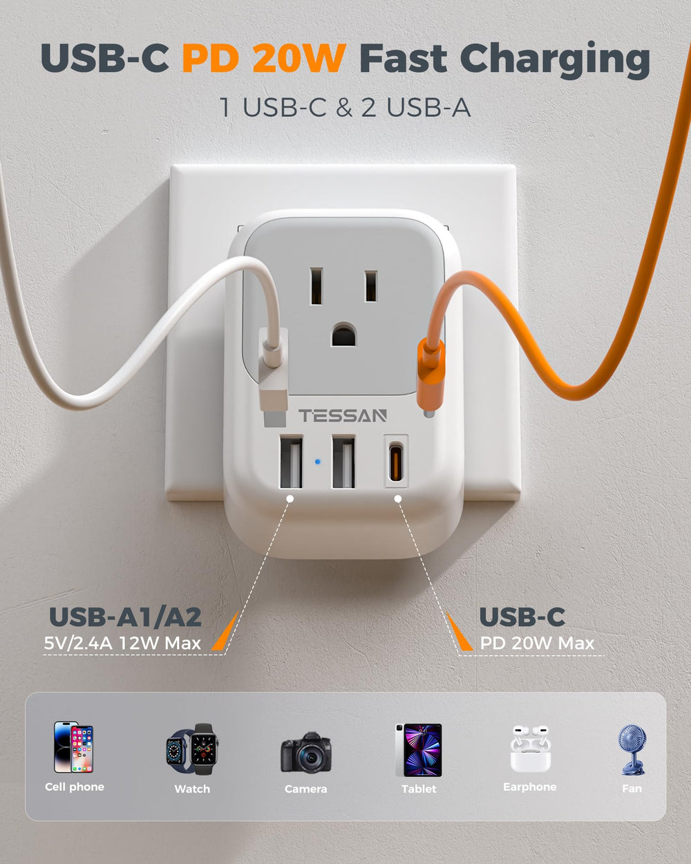 TESSAN adapter European plug prongs visible, secure fit in EU sockets