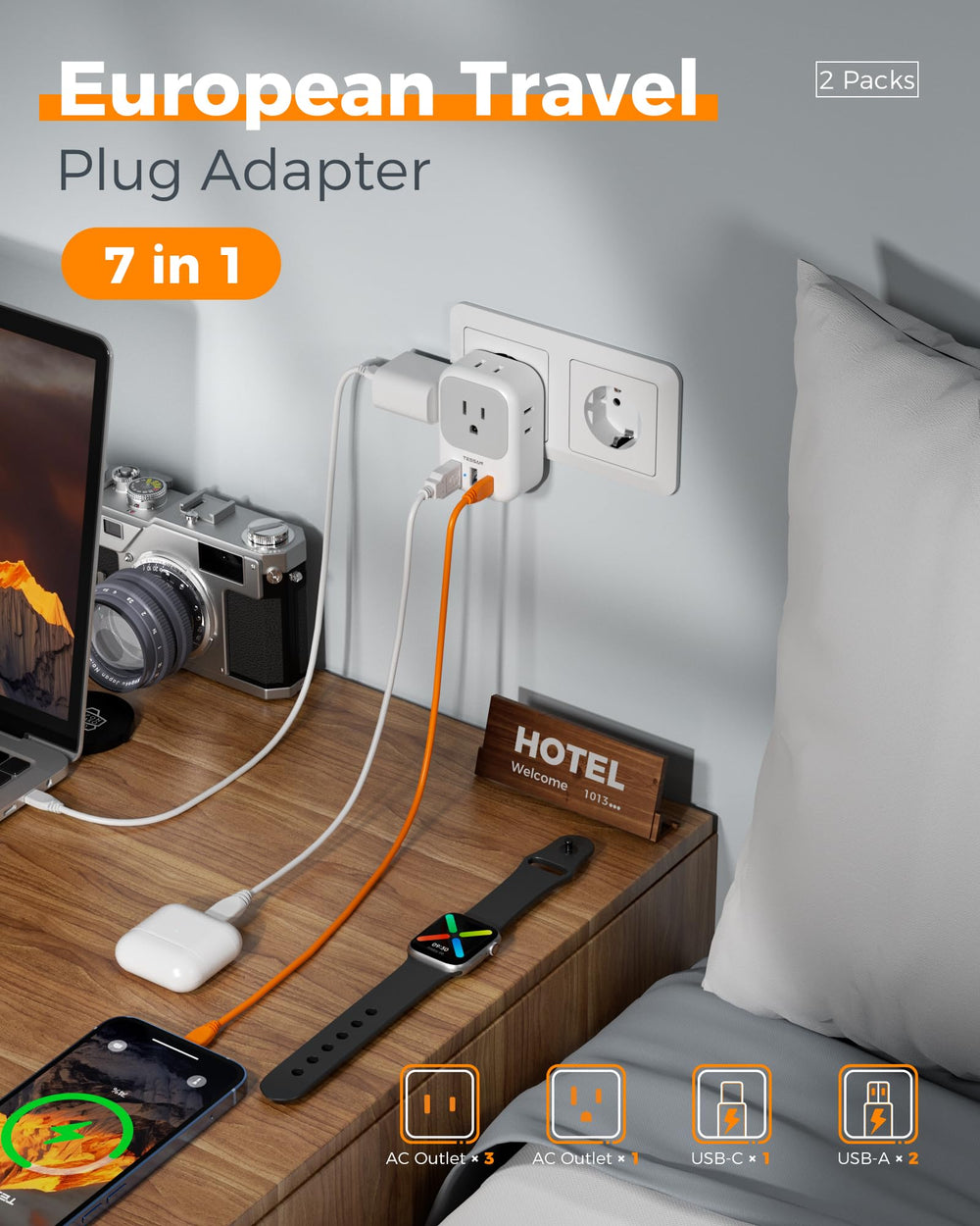 TESSAN adapter USB ports close view showing USB-C PD and USB-A, fast phone charging