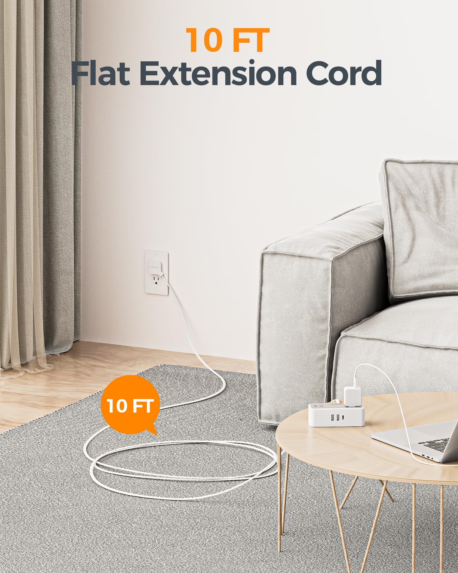 TESSAN cable plano de 10 ft extendido por el suelo para alcance y orden seguro