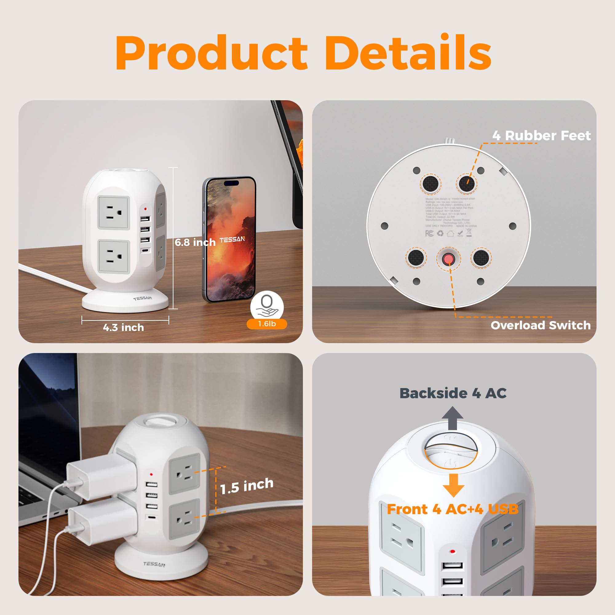 TESSAN comparativa de tamaño con móvil, diseño compacto y vertical