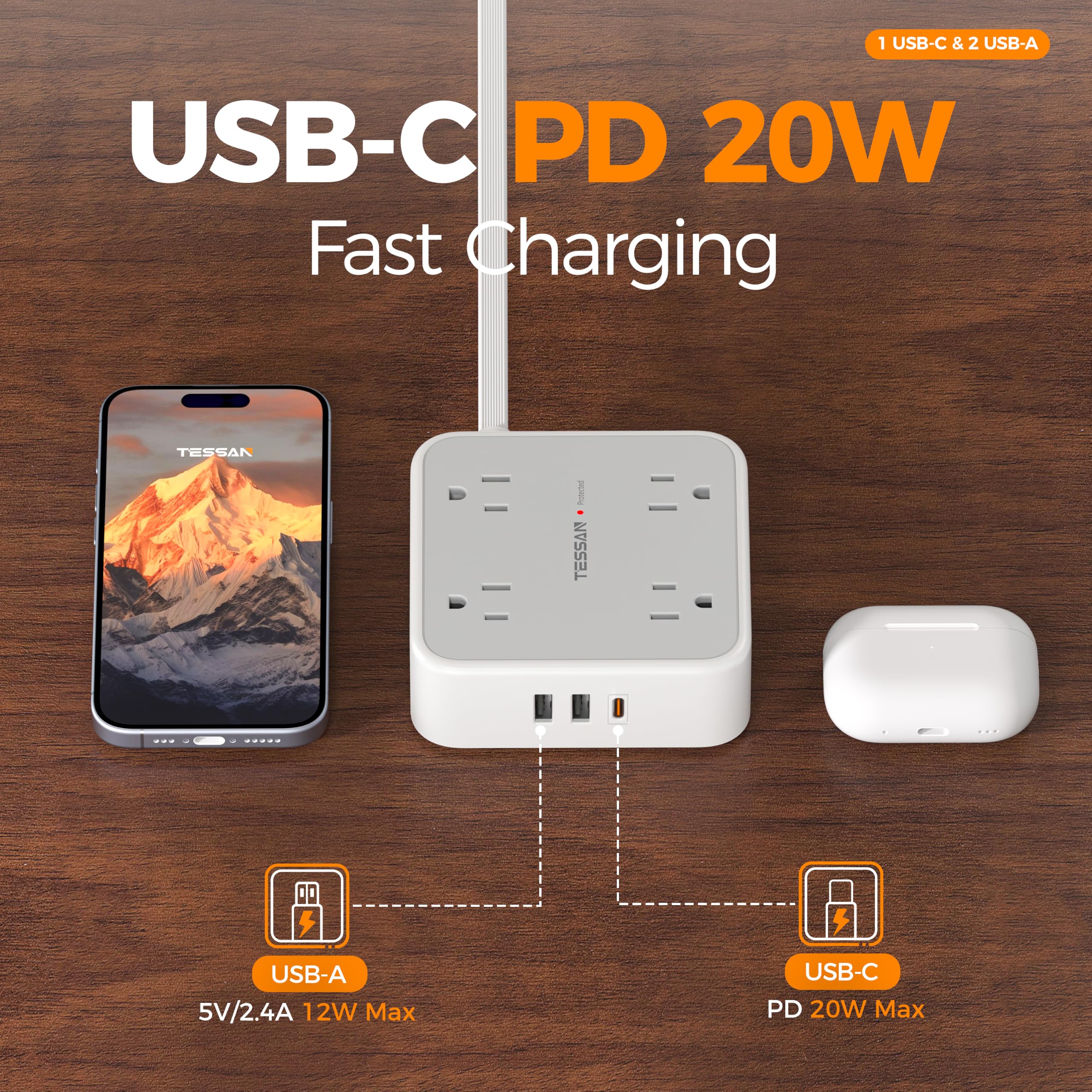 TESSAN primer plano del puerto USB‑C 20W, carga rápida eficiente