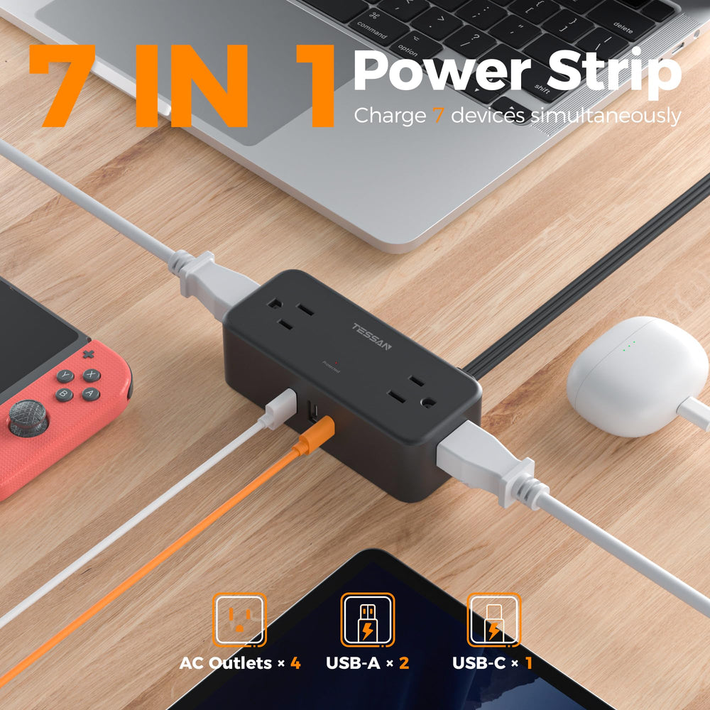 TESSAN detalle de puertos USB-C y USB-A, carga rápida y opciones flexibles para gadgets