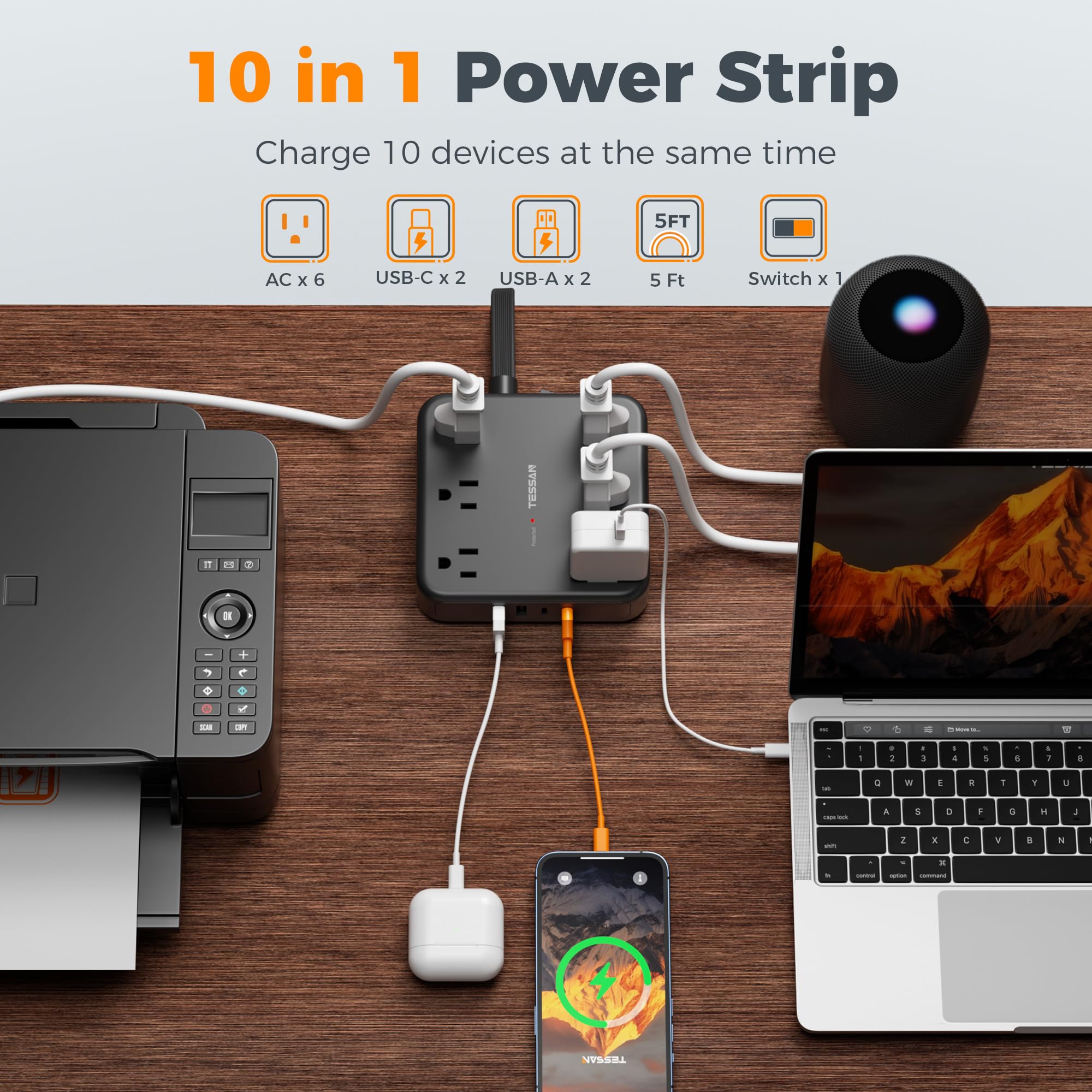 TESSAN primeros planos de puertos USB‑C y USB‑A, carga rápida y compatibilidad visible