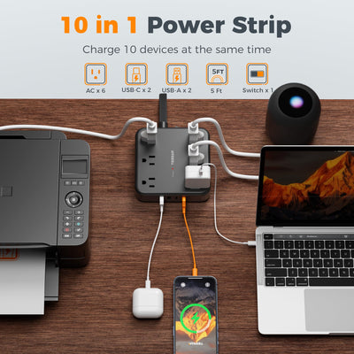 TESSAN primeros planos de puertos USB‑C y USB‑A, carga rápida y compatibilidad visible