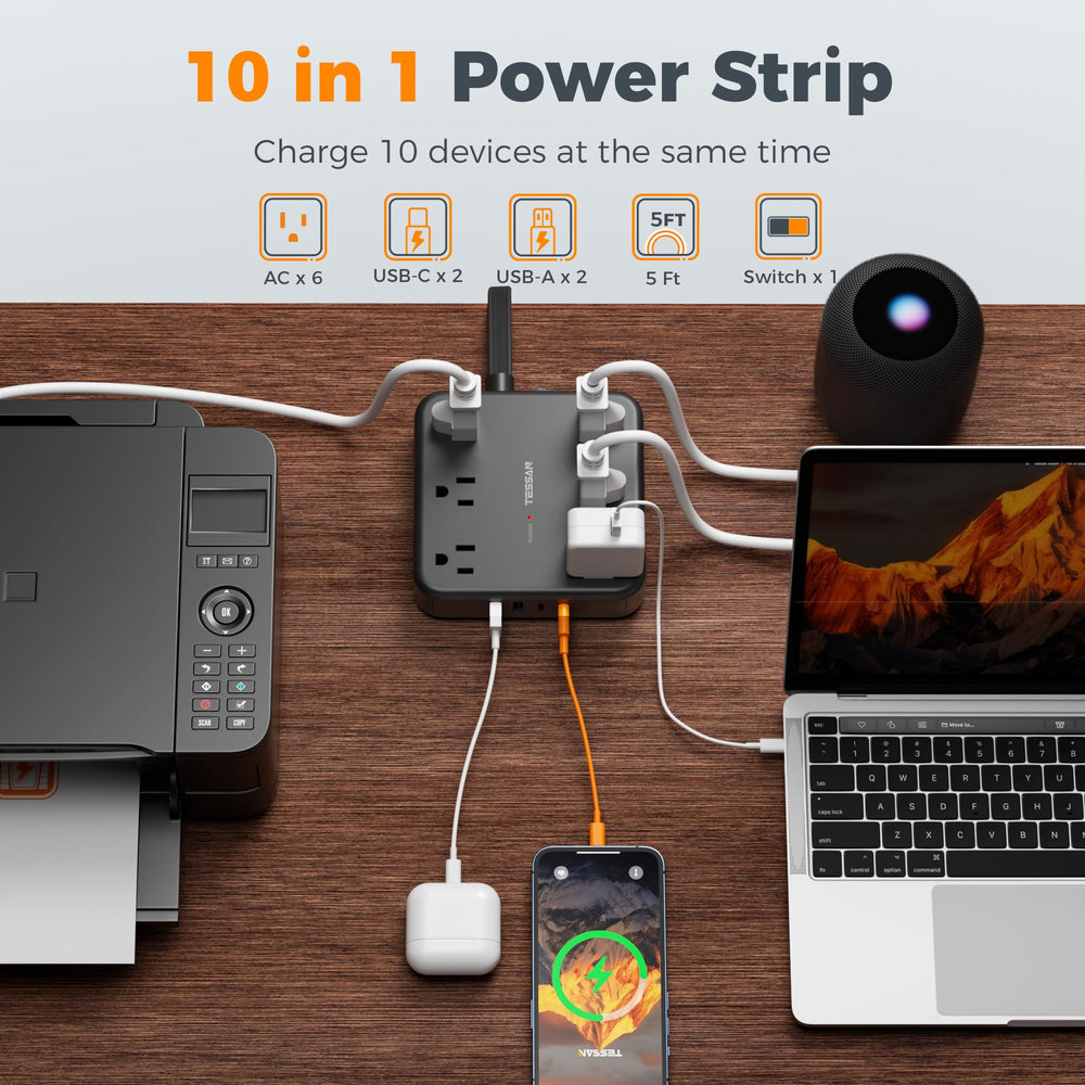 TESSAN primeros planos de puertos USB‑C y USB‑A, carga rápida y compatibilidad visible