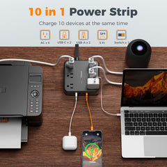 TESSAN primeros planos de puertos USB‑C y USB‑A, carga rápida y compatibilidad visible