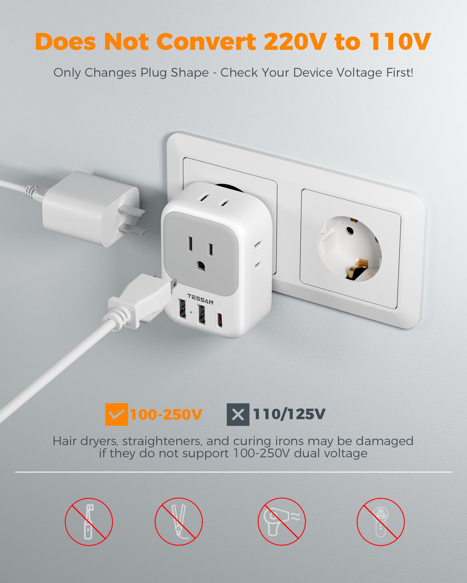 TESSAN enfoque en USB-C 20W y dos USB-A, carga rápida y versátil