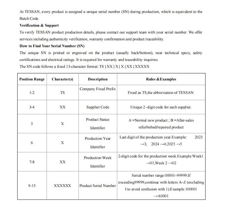 TESSAN caja y etiqueta del producto listando características y especificaciones
