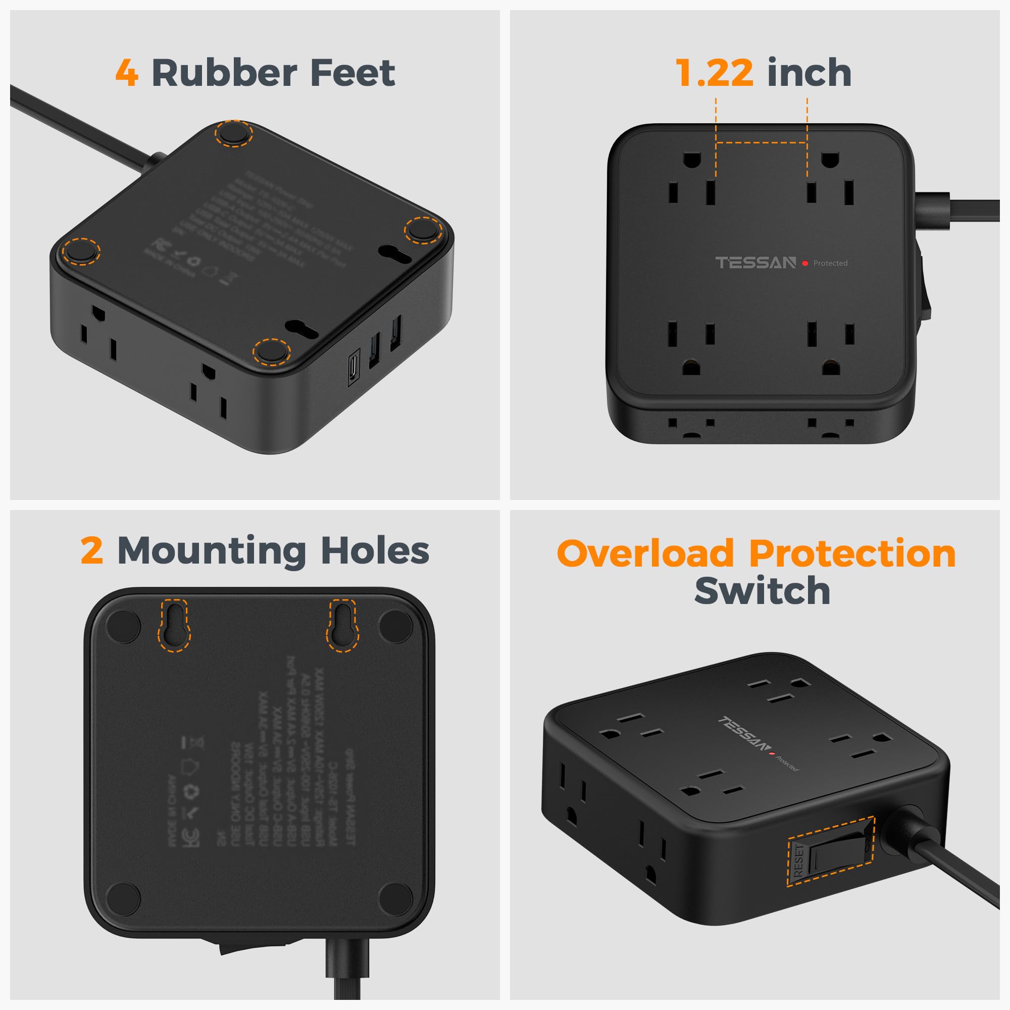 TESSAN etiqueta con datos de potencia y protección 900J, seguridad visible