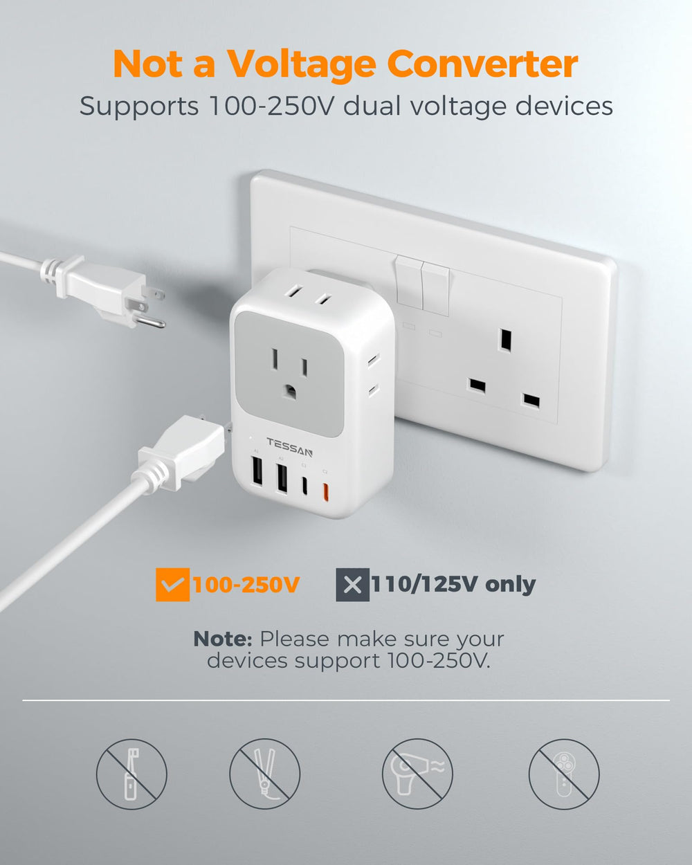 TESSAN etiqueta con rango 100–250V que ayuda a comprobar compatibilidad