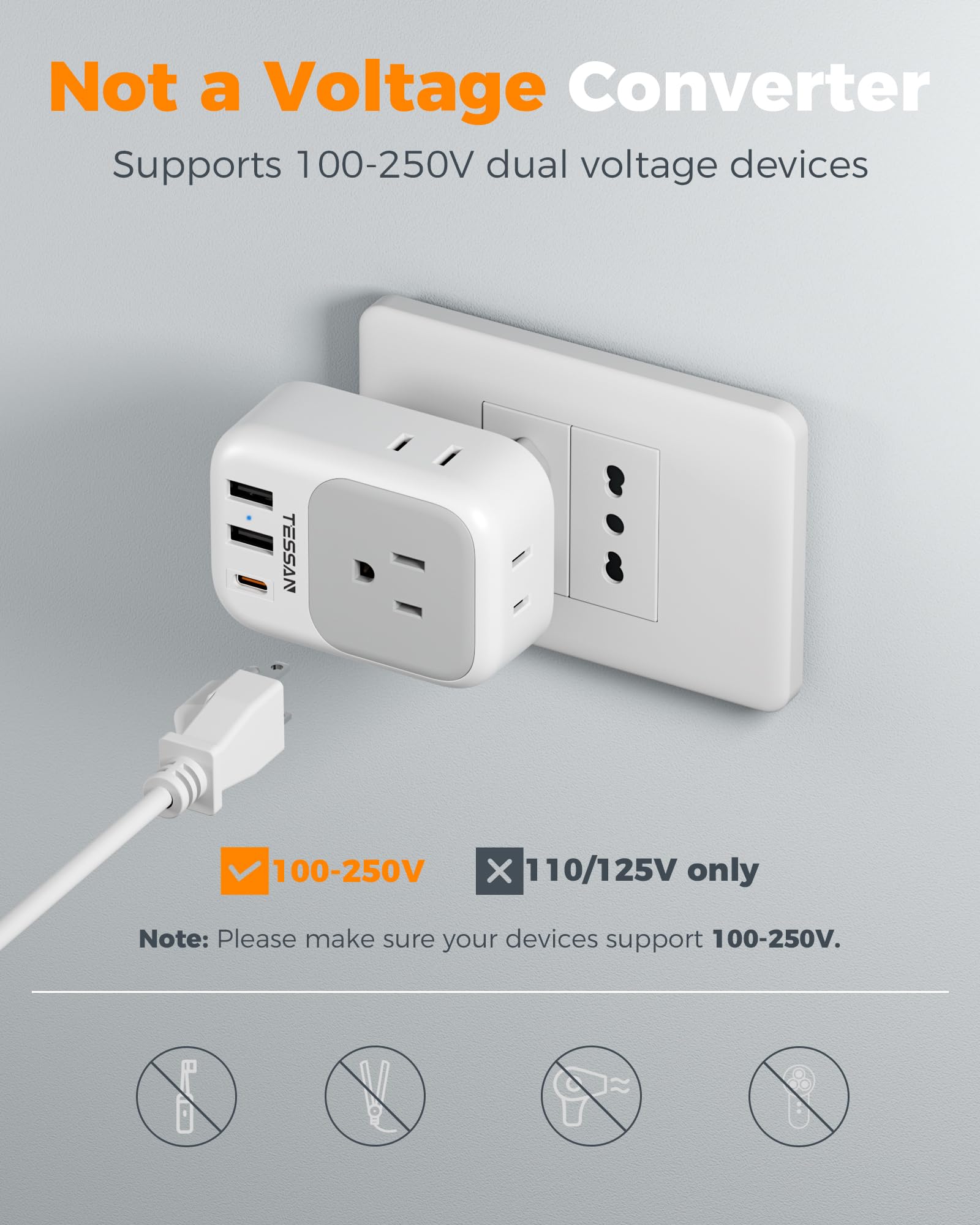 TESSAN etiqueta con especificaciones de voltaje para seguridad y compatibilidad
