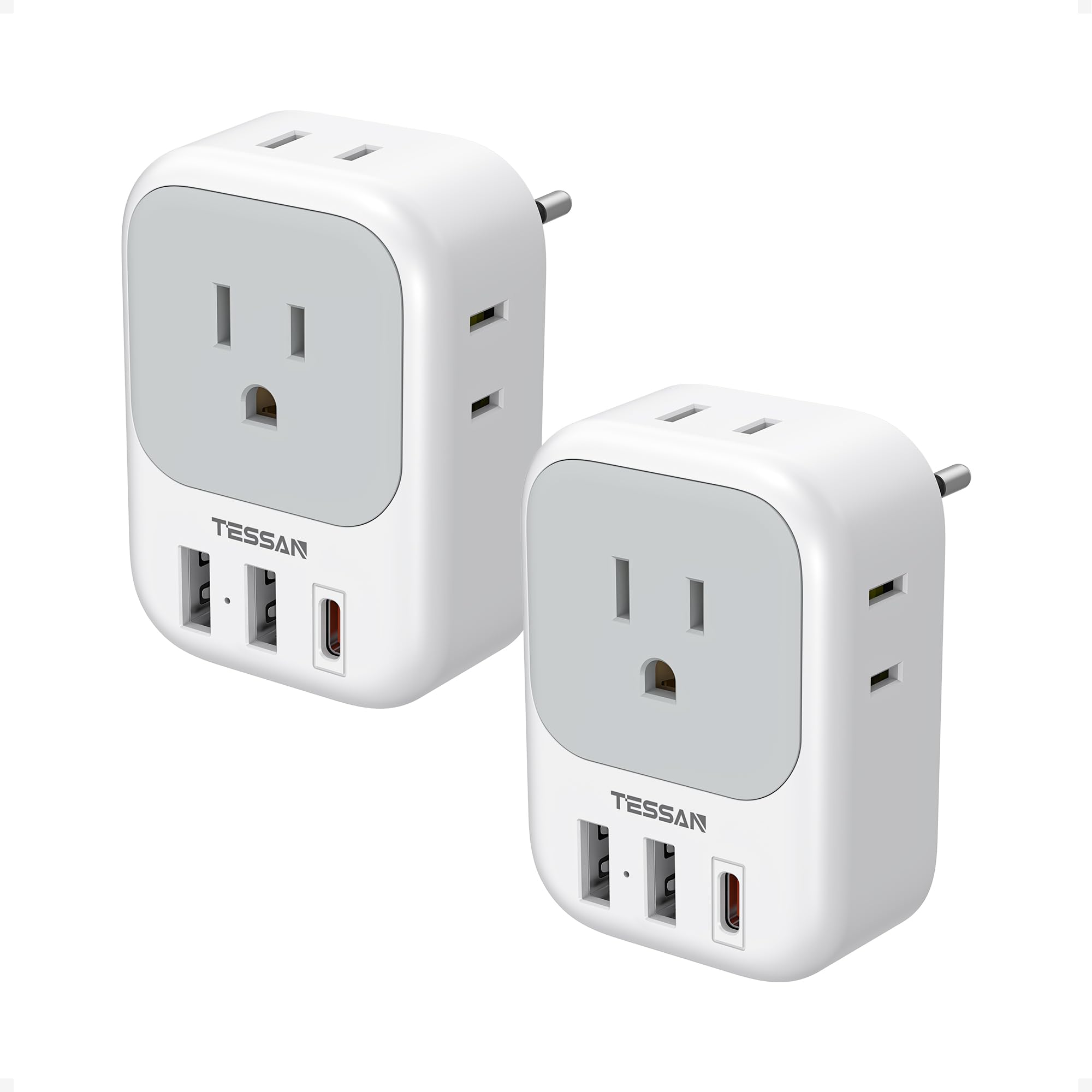 TESSAN adapter front view showing outlets and USB ports, easy multi-device charging