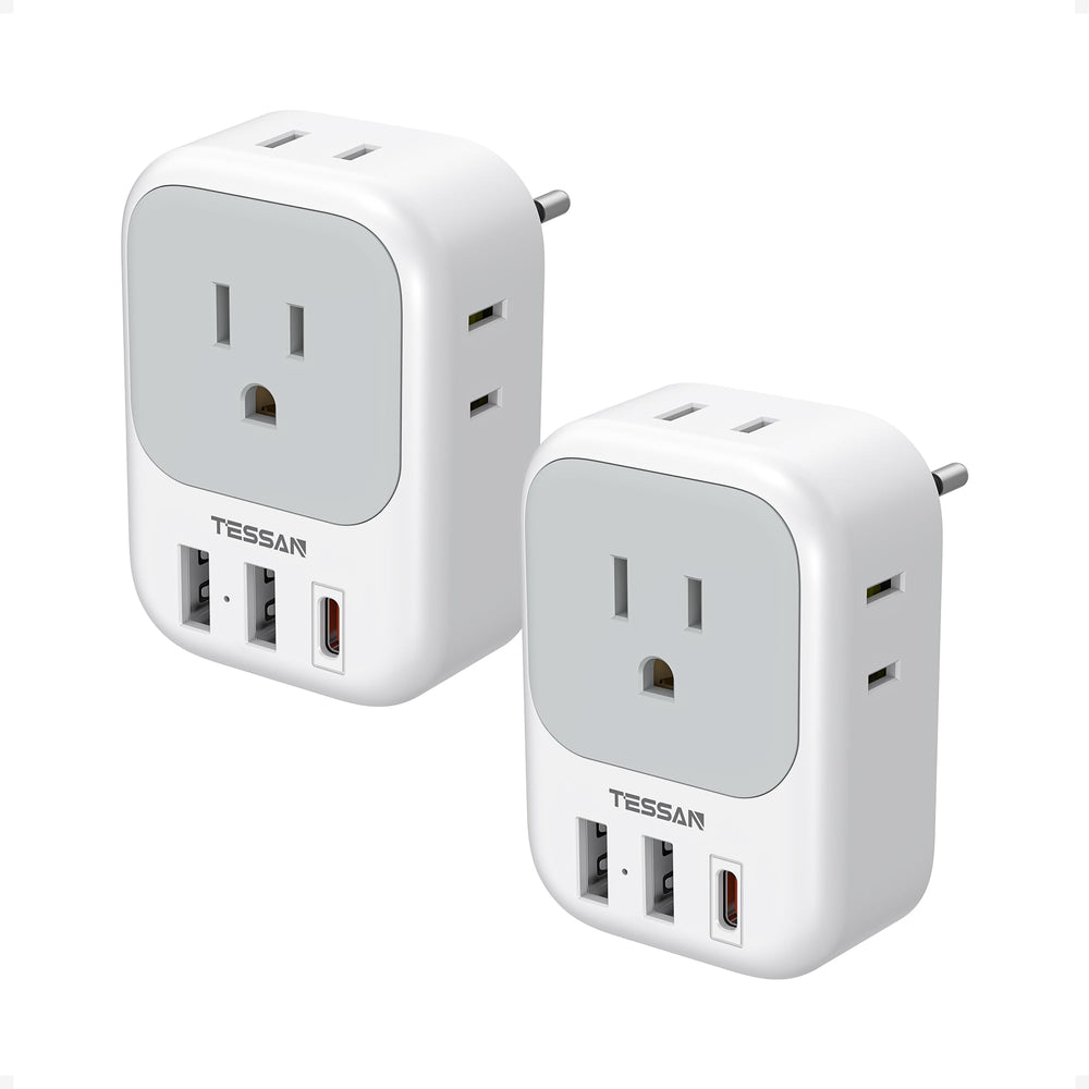 TESSAN adapter front view showing outlets and USB ports, easy multi-device charging