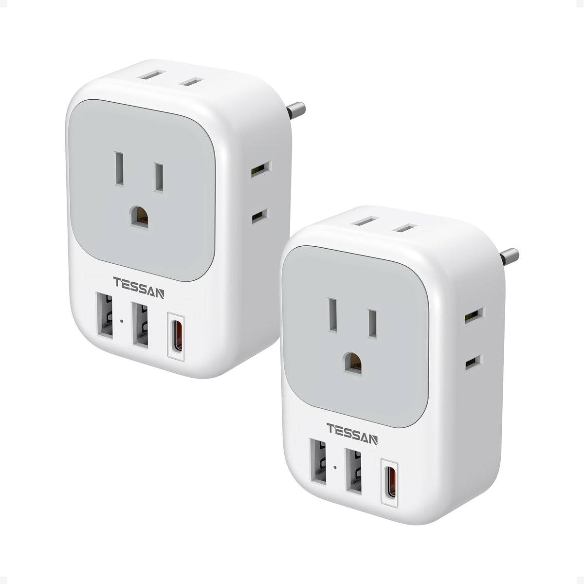 TESSAN adapter front view showing outlets and USB ports, easy multi-device charging