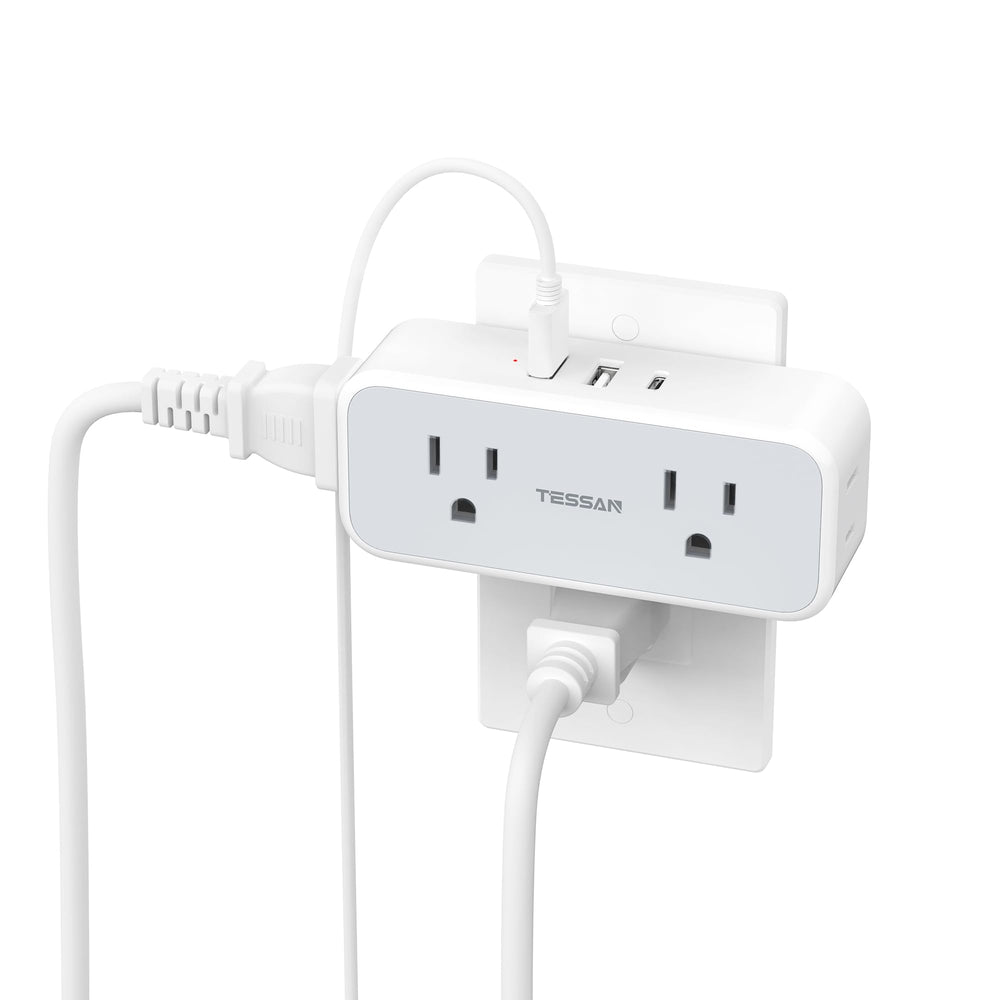 TESSAN extensor frontal mostrando las cuatro salidas AC y tres puertos USB, facilita más conexiones