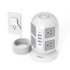 TESSAN torre frontal mostrando 8 enchufes y 4 puertos USB, organiza dispositivos