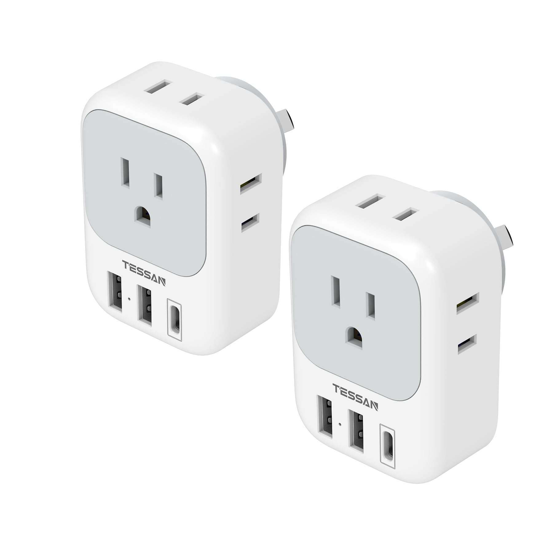 TESSAN vista frontal del pack de 2 adaptadores mostrando clavijas tipo I y salidas