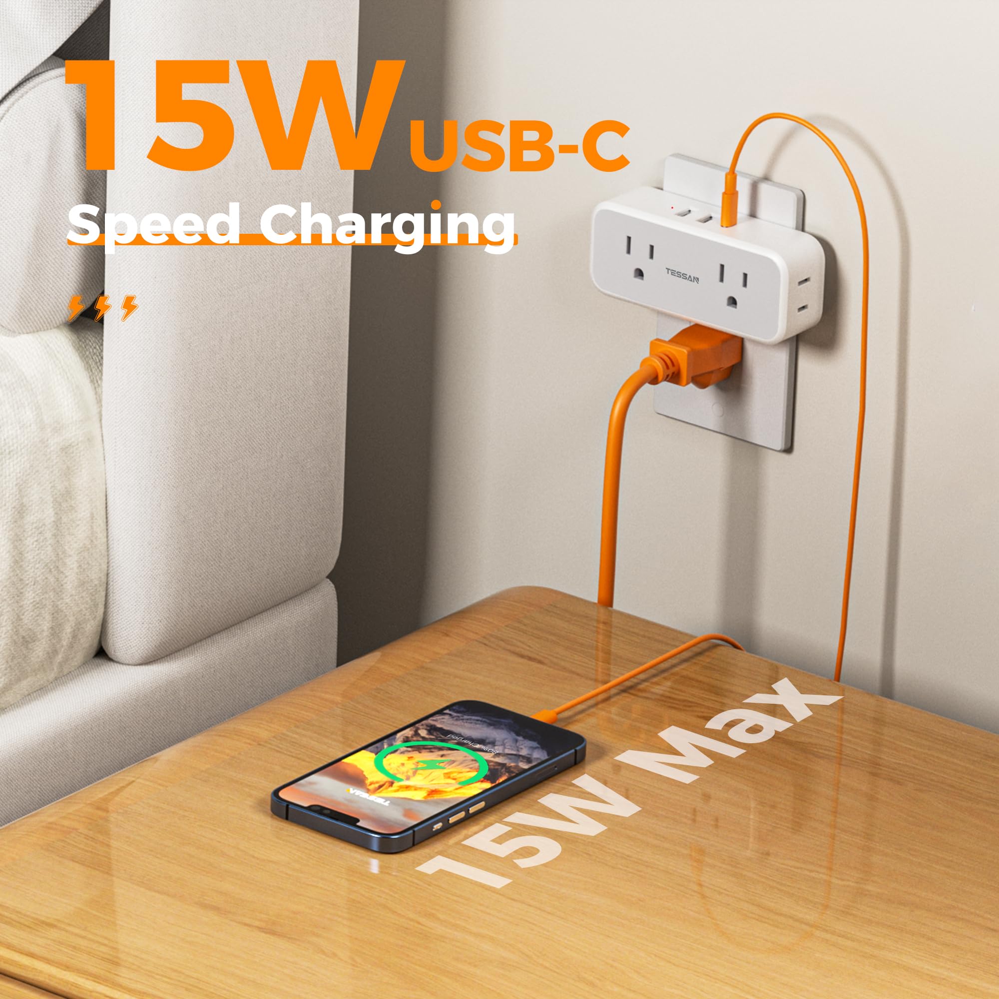 TESSAN primer plano de puertos USB A y USB-C que permite carga rápida y eficiente