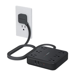 TESSAN regleta frontal mostrando seis tomas AC y cuatro puertos USB, organizada y compacta