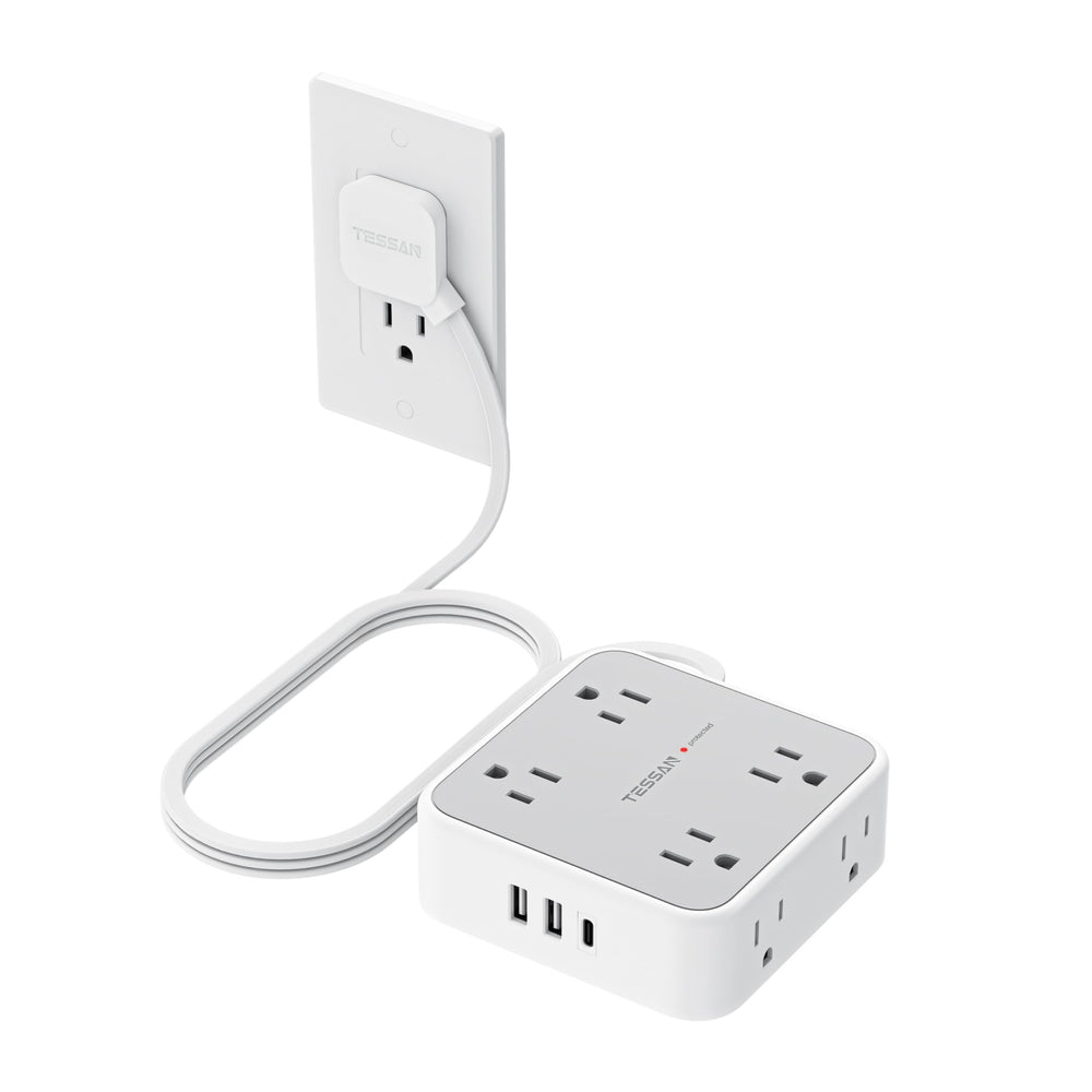 TESSAN regleta frontal gris mostrando 8 enchufes y puertos USB, organiza dispositivos