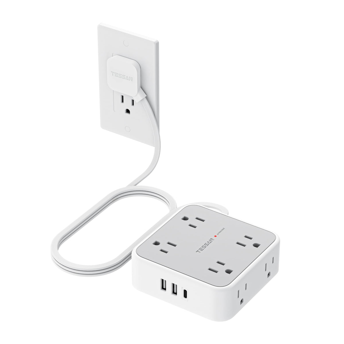 TESSAN regleta frontal gris mostrando 8 enchufes y puertos USB, organiza dispositivos