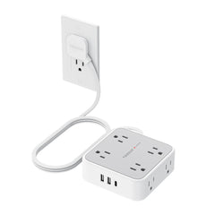 TESSAN regleta frontal gris mostrando 8 enchufes y puertos USB, organiza dispositivos